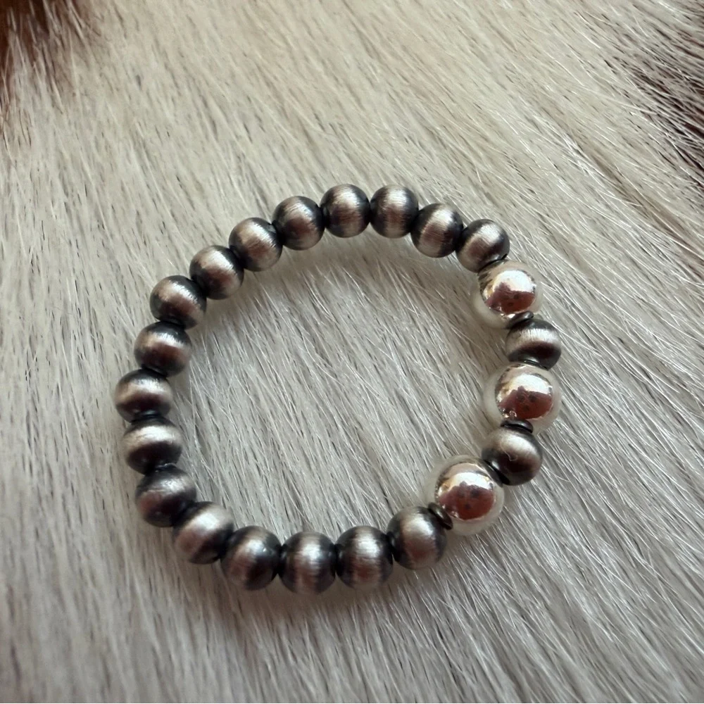 ❤️ 3mm Desert Pearl & Shiny Beads Sterling Silver Stretchy Adjustable Ring